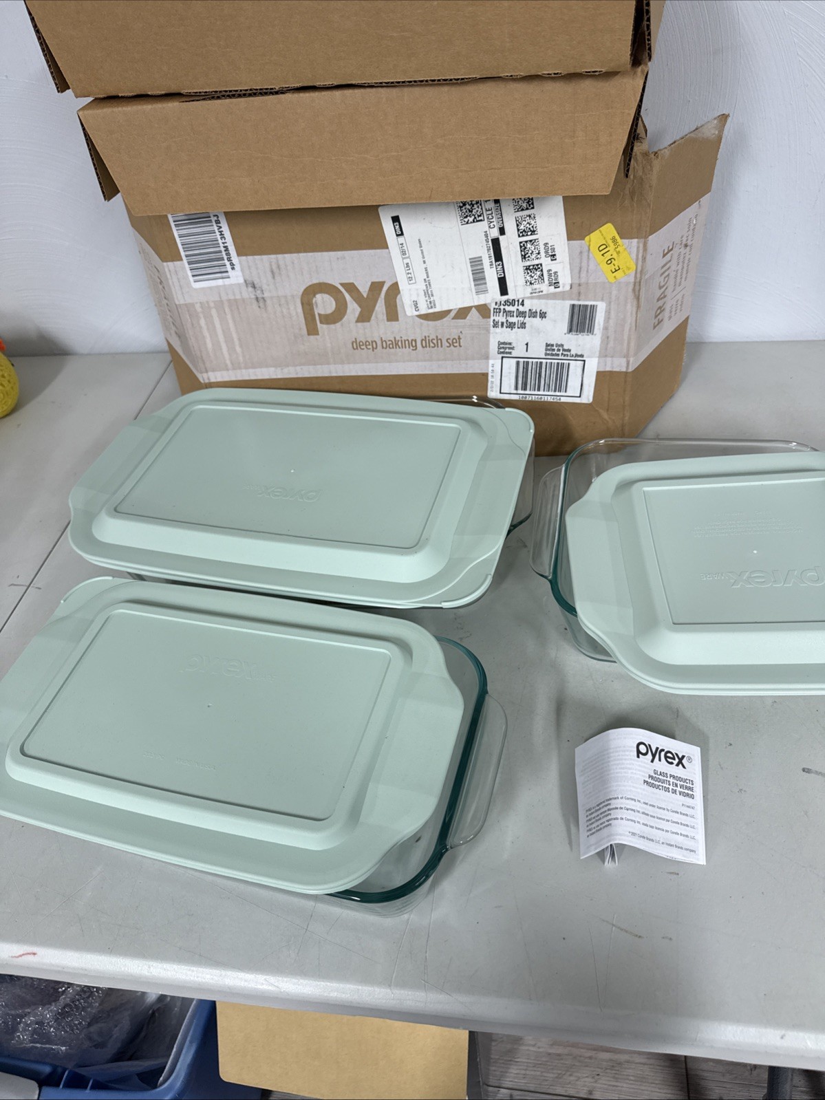 Pyrex Deep 6pc Glass Baking Dish Set (9″X13″, 7″X11″, 8″X8″) Bpa-Free Sage Lids