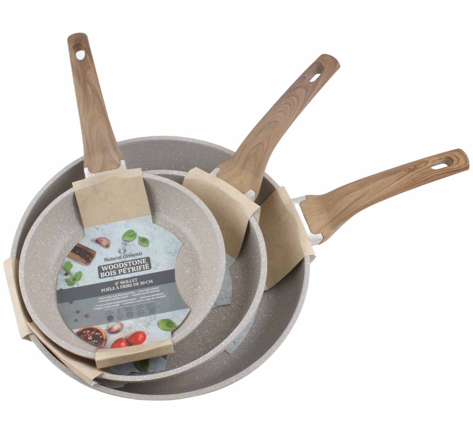 Natural Elements Woodstone 8″ 9.5″ 12″ Skillets Non Stick Frying Pans Farmhouse