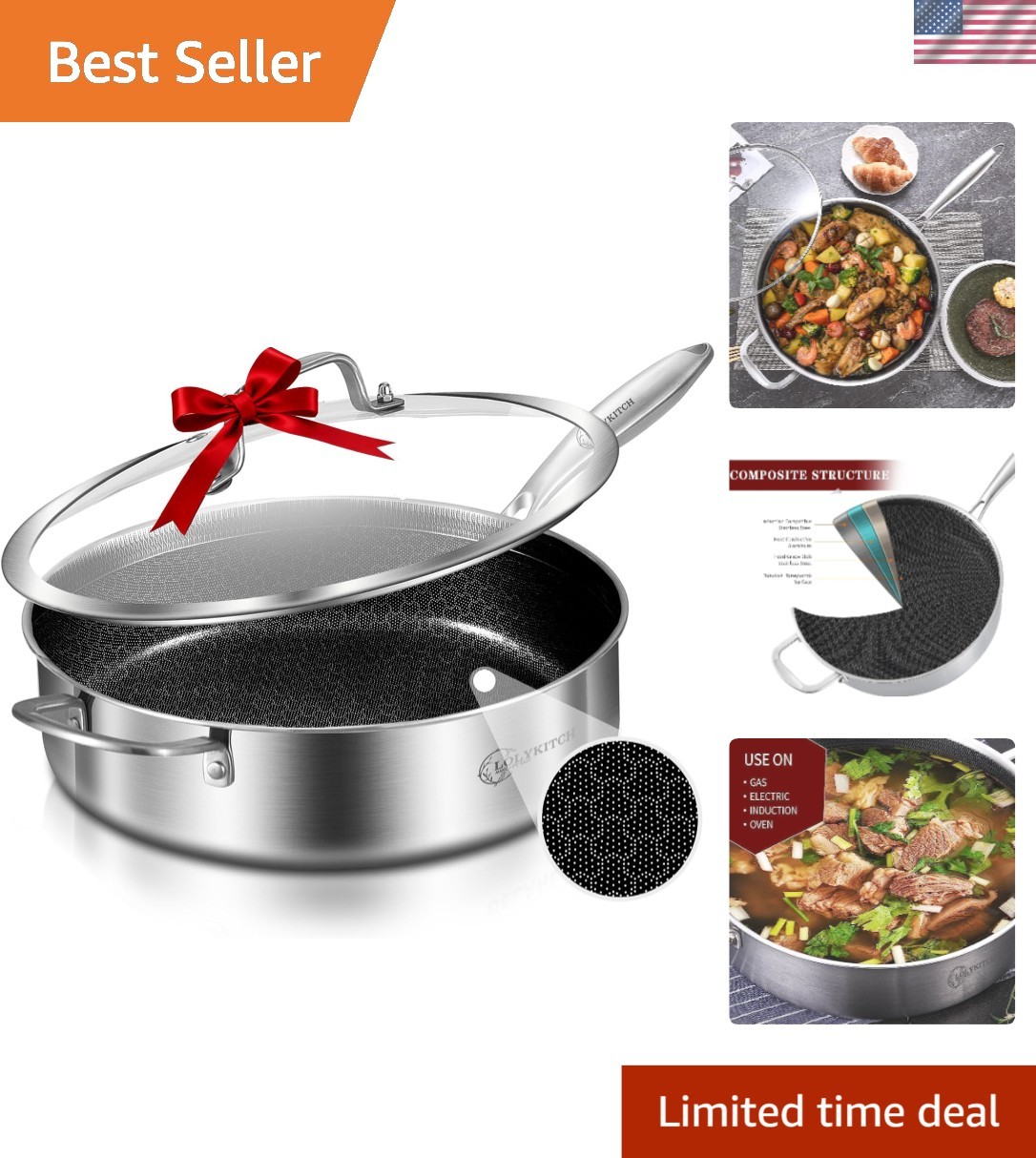6 QT Hybrid Tri-Ply Stainless Steel Non-Stick Sauté Pan with Lid,12 Inch Deep…