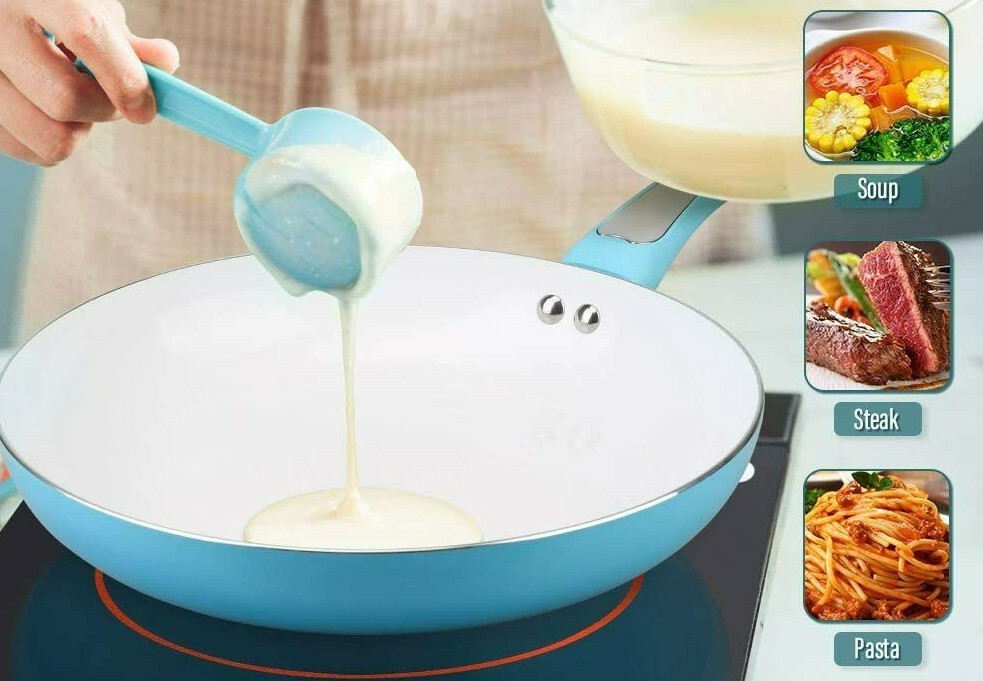 Shineuri ~ 11″ Fry Pan ~ Powder Blue ~ Aluminum ~ Non Stick Frying Pan ~ W/Lid