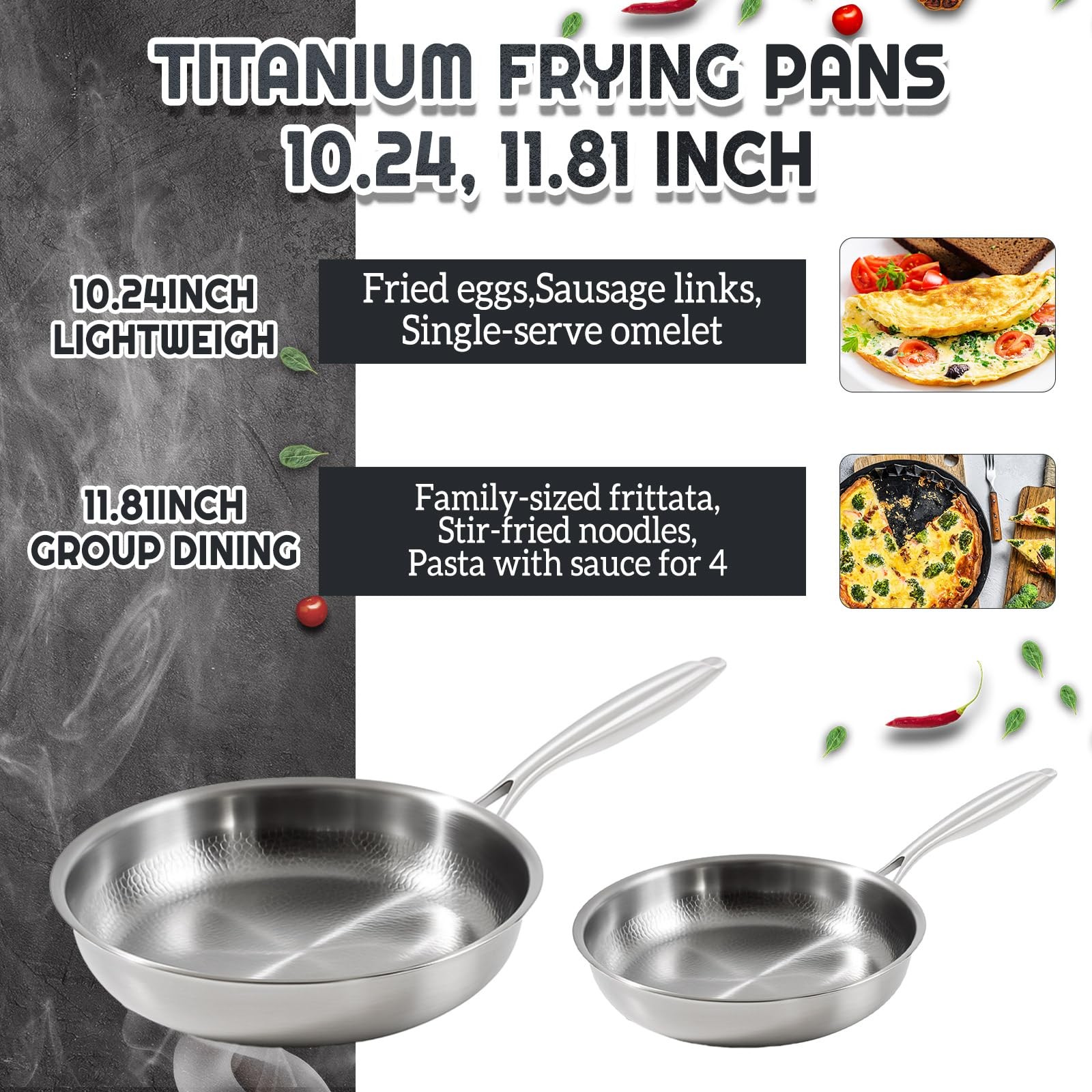 LemonRoad 2 Pcs 10.24″ 11.81″ Titanium Pan Set, Hammered Titanium Pan with Li…