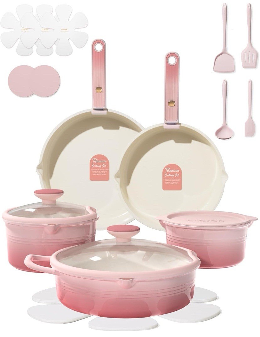 CAROTE 20 Pcs Titanium Cookware Set Nonstick Dishwasher And Oven Safe – Pink