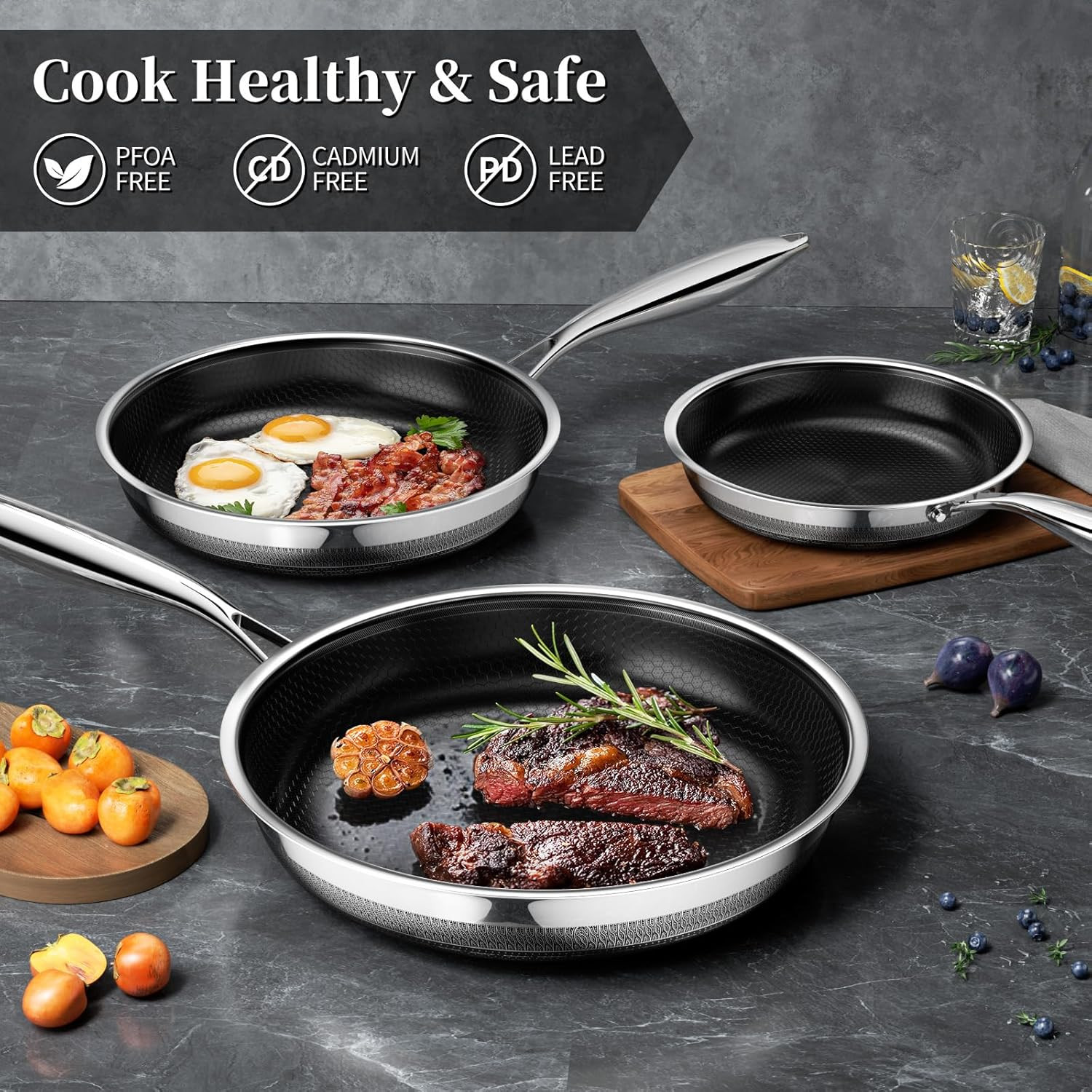 Nonstick Frying Pans 8 Inch Hybrid Tri-Ply Stainless Steel Frying Pan Skillet Ti