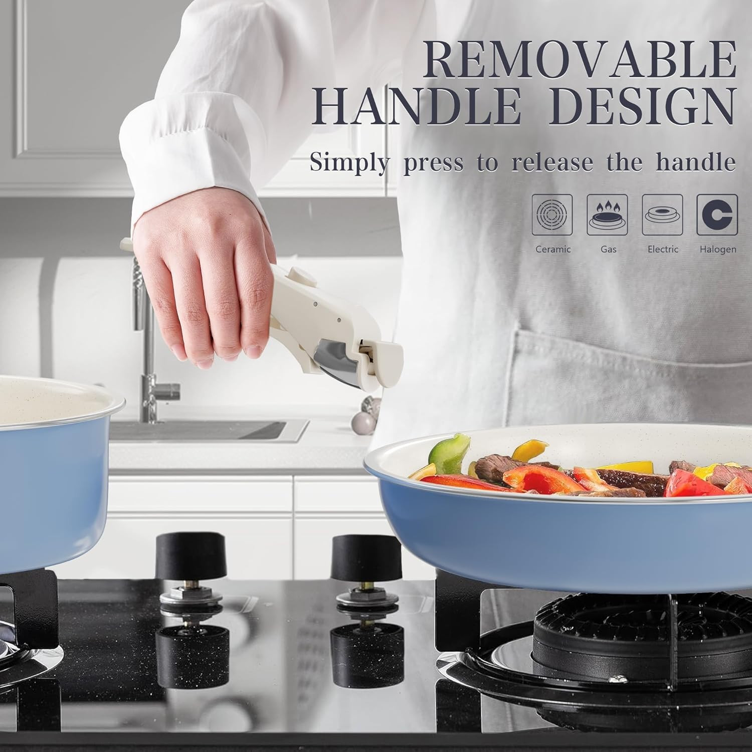 Ceramic Nonstick Pots and Pans Set with Removable Handles for Easy Cooking