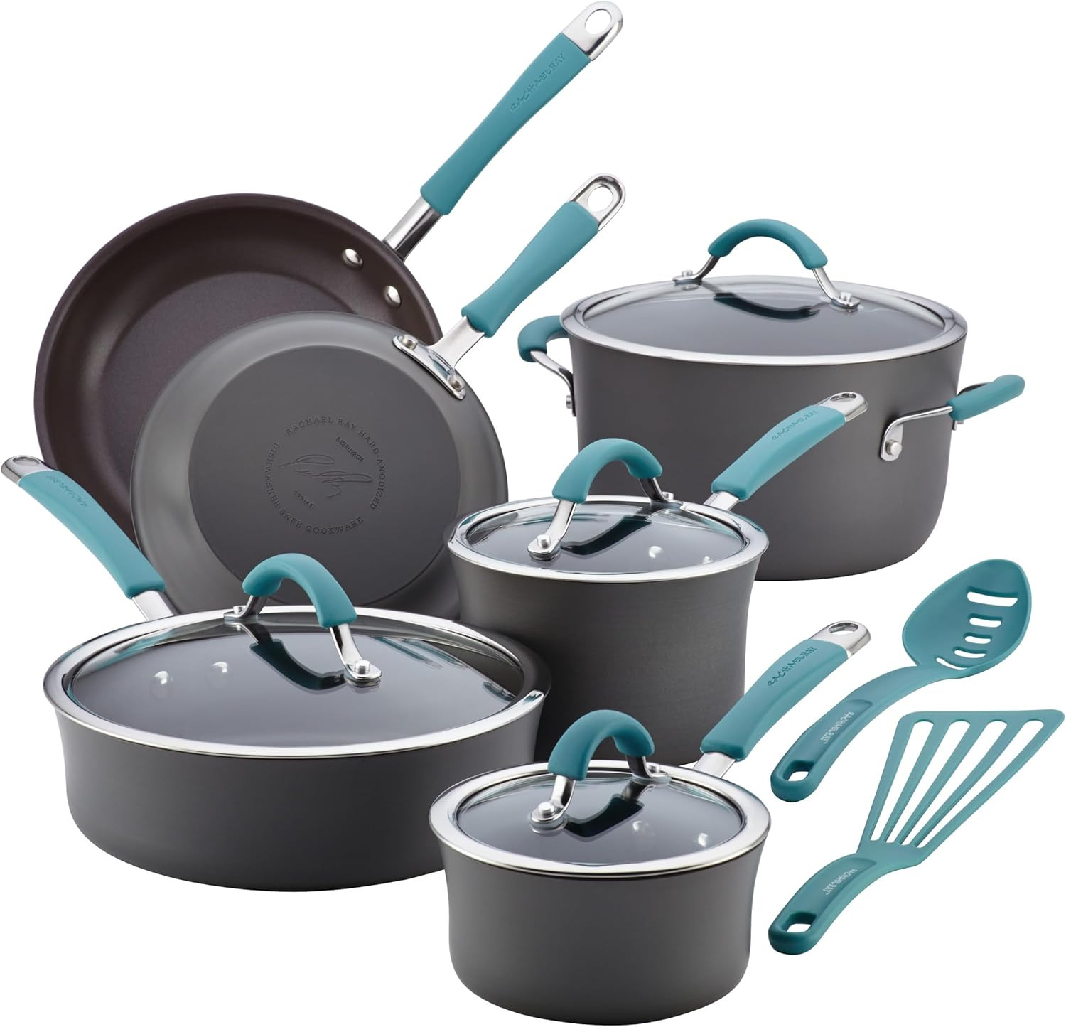 Cucina 12-Piece Gray Nonstick Cookware Set with Blue Handles