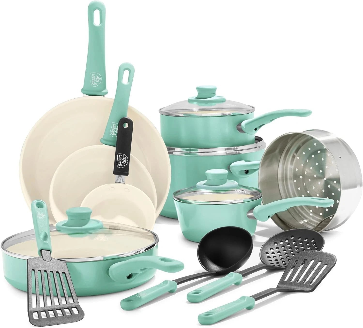 Soft Grip 16-Piece Turquoise Ceramic Cookware Set, Oven & Dishwasher Safe