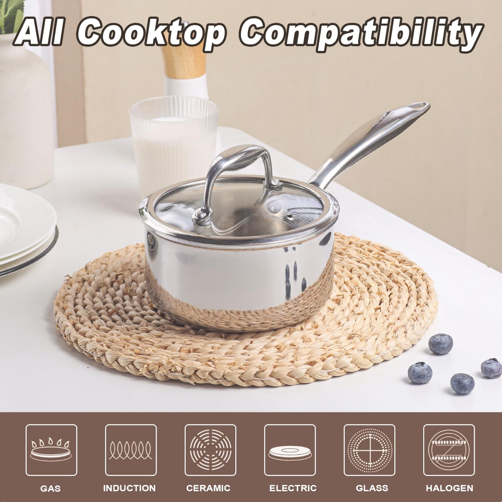 1-Quart Tri-Ply Stainless Steel Saucepan with Lid, Stay-Cool Handle, All Cooktop