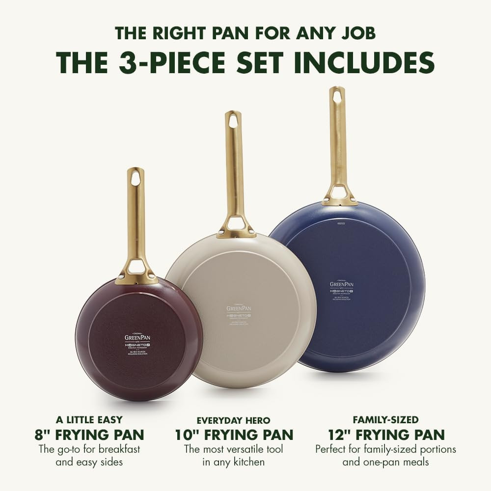 Healthy Ceramic Nonstick Frying Pan Set, 8″, 10″, 12″, Gold Handle, PFAS-Free