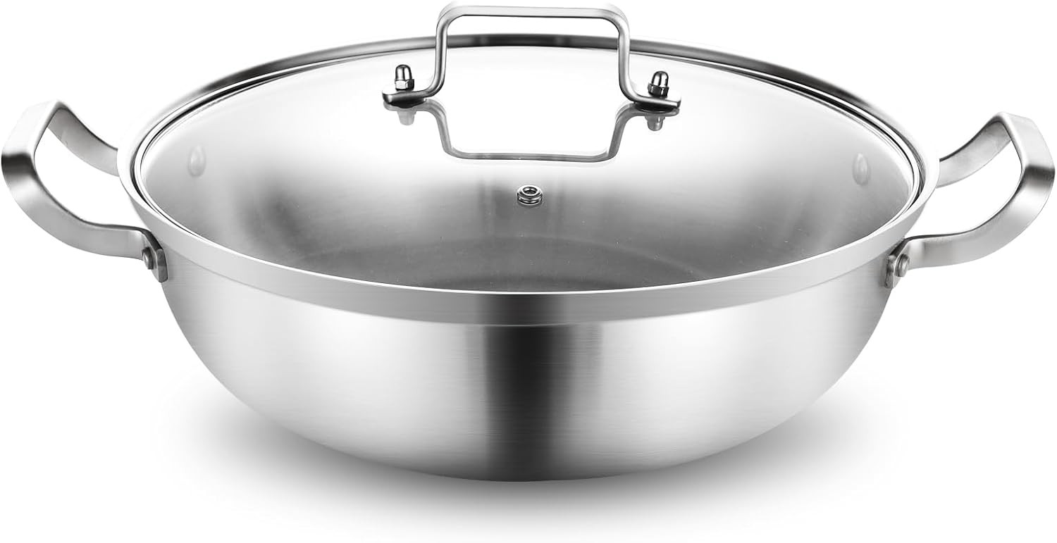 Delarlo Tri-Ply Stainless Steel Hot Pot 14 inch Everyday pan With lid,