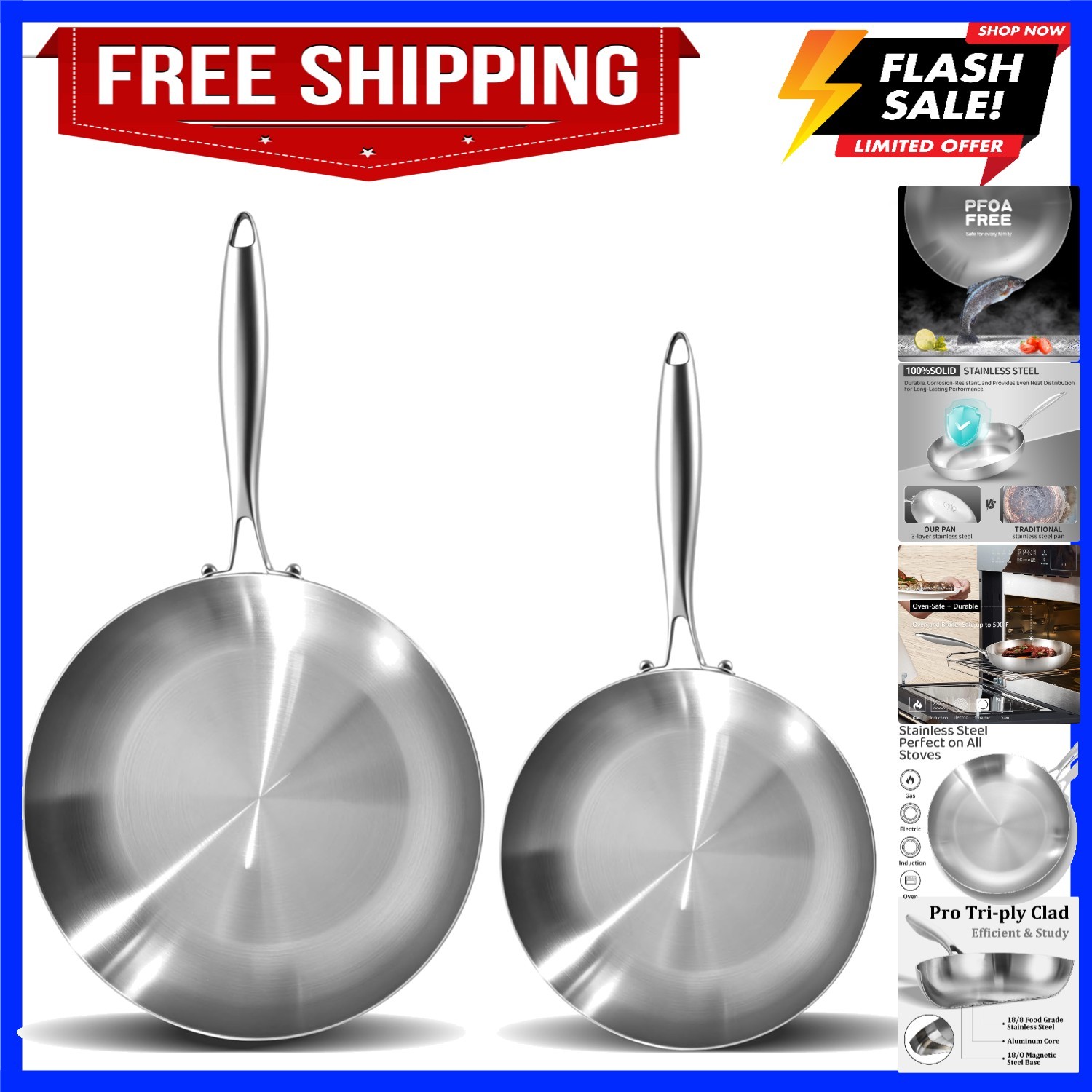 8.5-12 Inch Tri-ply Stainless Steel Frying Pan Set,Skillets,Chef’s Pan,Induct…