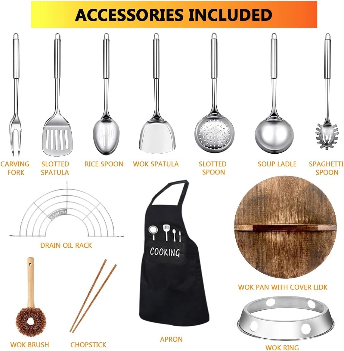 Family-Sized 14-Piece Carbon Steel Wok Set with Honeycomb Surface – 12.6-Inch