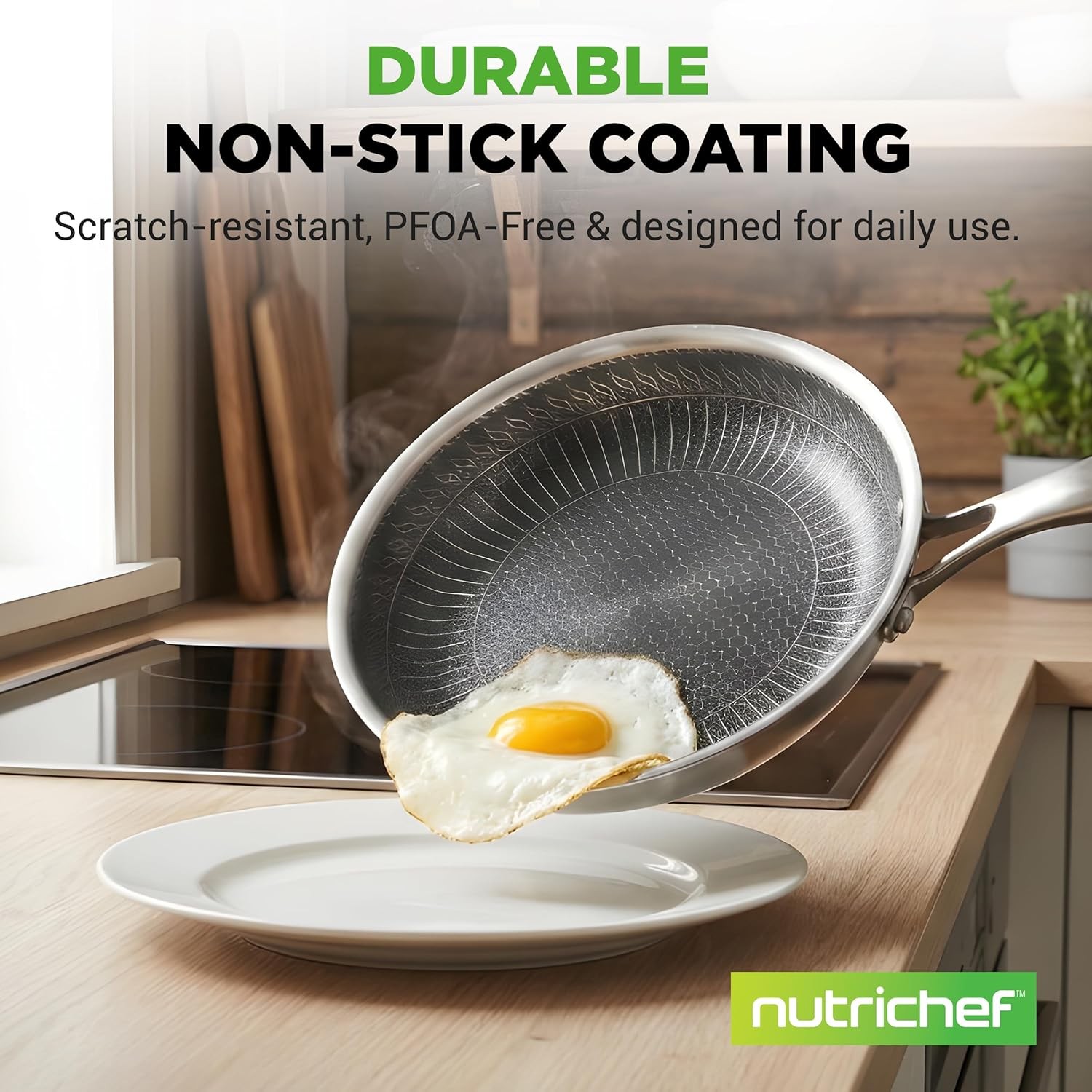 NutriChef 7-Piece Tri-Ply Stainless Steel Frying Pan Set & Wok – Nonstick, Ind