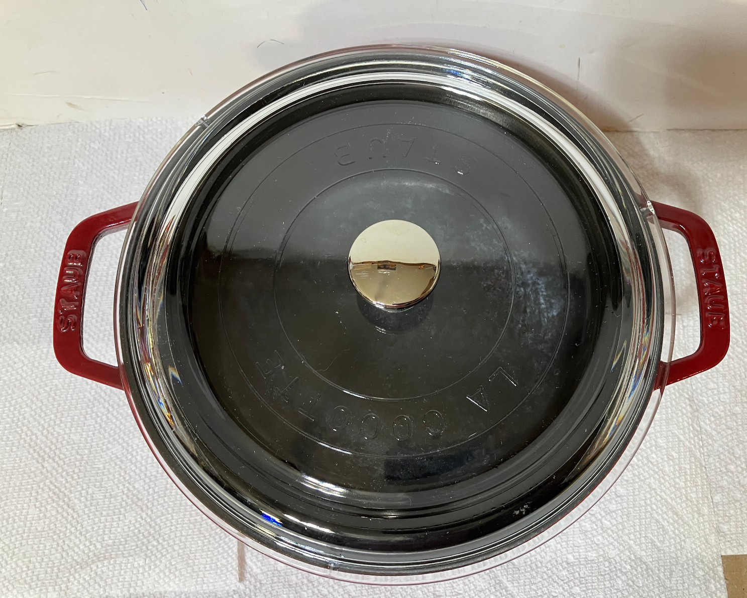 Staub Cast Iron Dutch Oven 4-qt Round Cocotte w/ Glass Lid Cherry Red