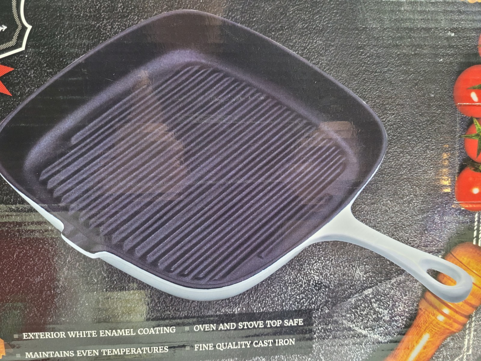 BRAND NEW Chef’s Counter Cast Iron Grill Pan 10″ Square White Enamel Coating