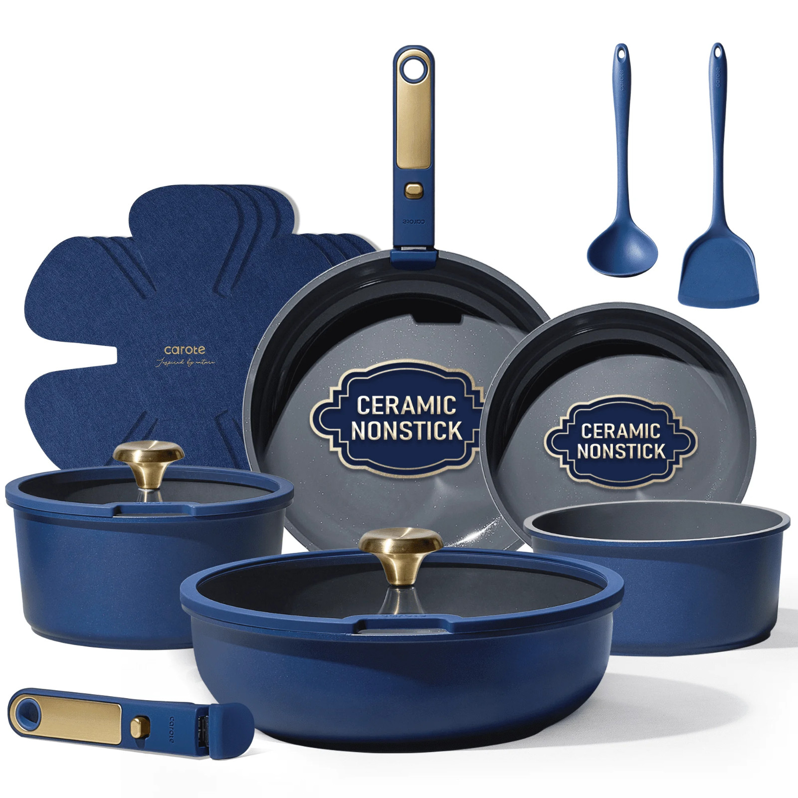 15‑Pc Ceramic Nonstick Cookware Set – Detachable Handles