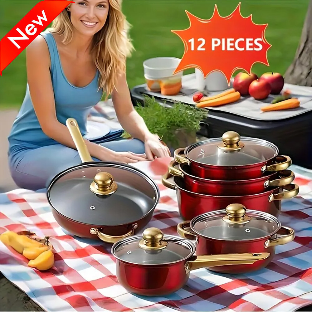 12 Piece Cookware Set Nonstick Pots and Pans Home Kitchen Cooking Non Stick Red