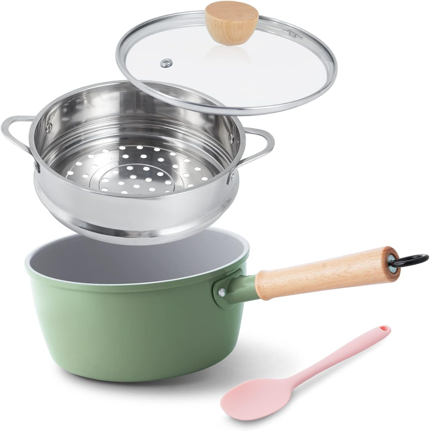 Ceramic Nonstick Sauce Pan Lid 2.2 Quart Cooking Pot Small Saucepan with Steamer