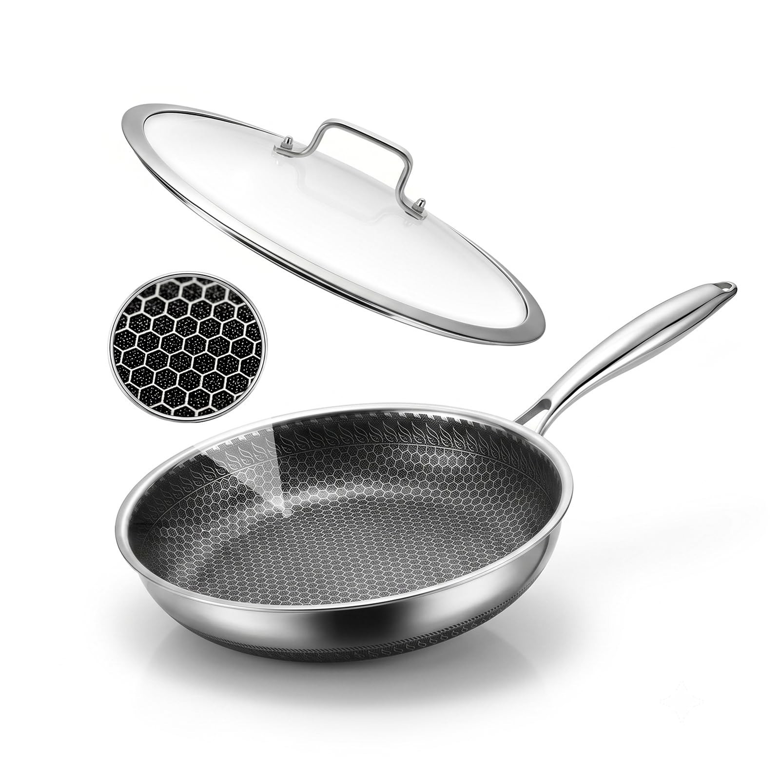 10″ Nonstick Frying Pan with Lid, Honeycomb Stainless Steel Skillet, PFAS Free,