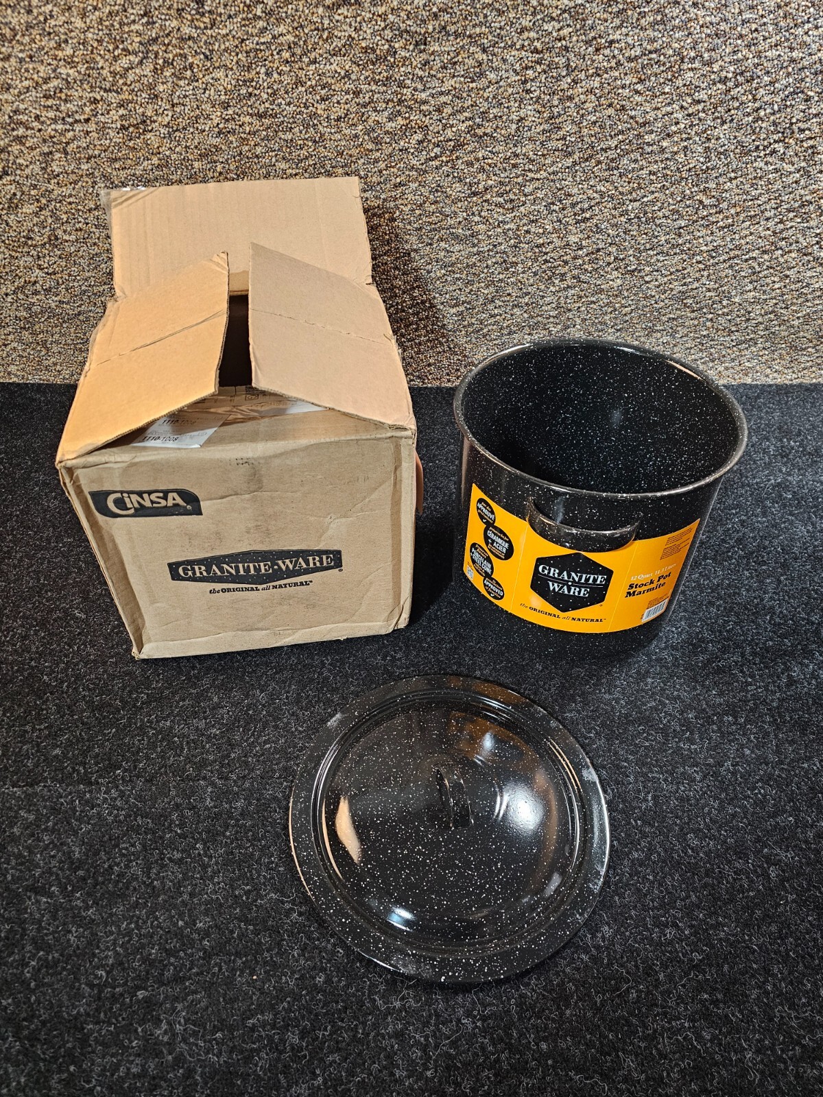 (QTY 2) Granite Ware Porcelain Plus Steel Core 12 Qt Stock Pot w/ Lid Black 6133