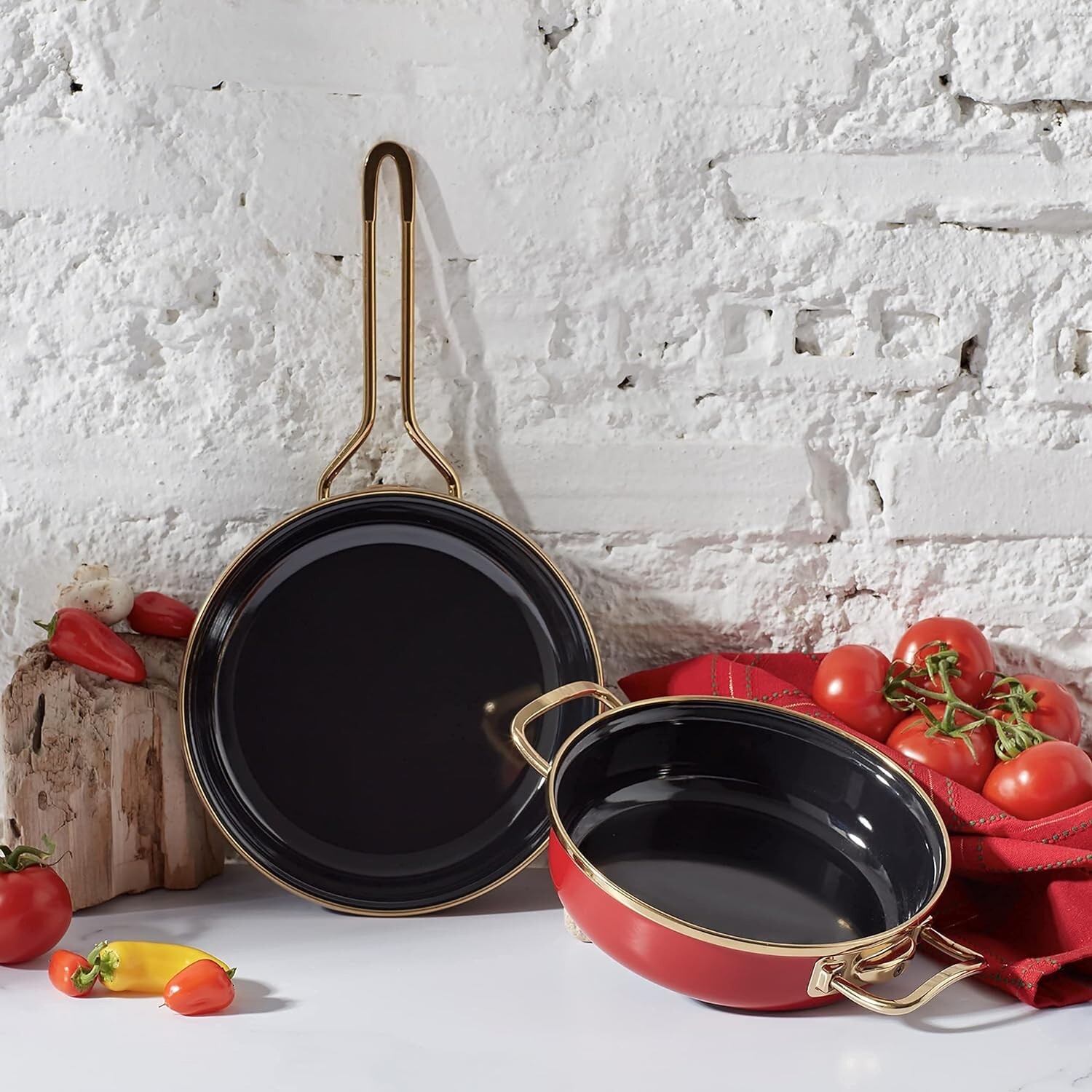 Retro Enamel Frying Pan and Shallow Frying Pan Set, 2 Pcs, White&Red, Non-Stick,
