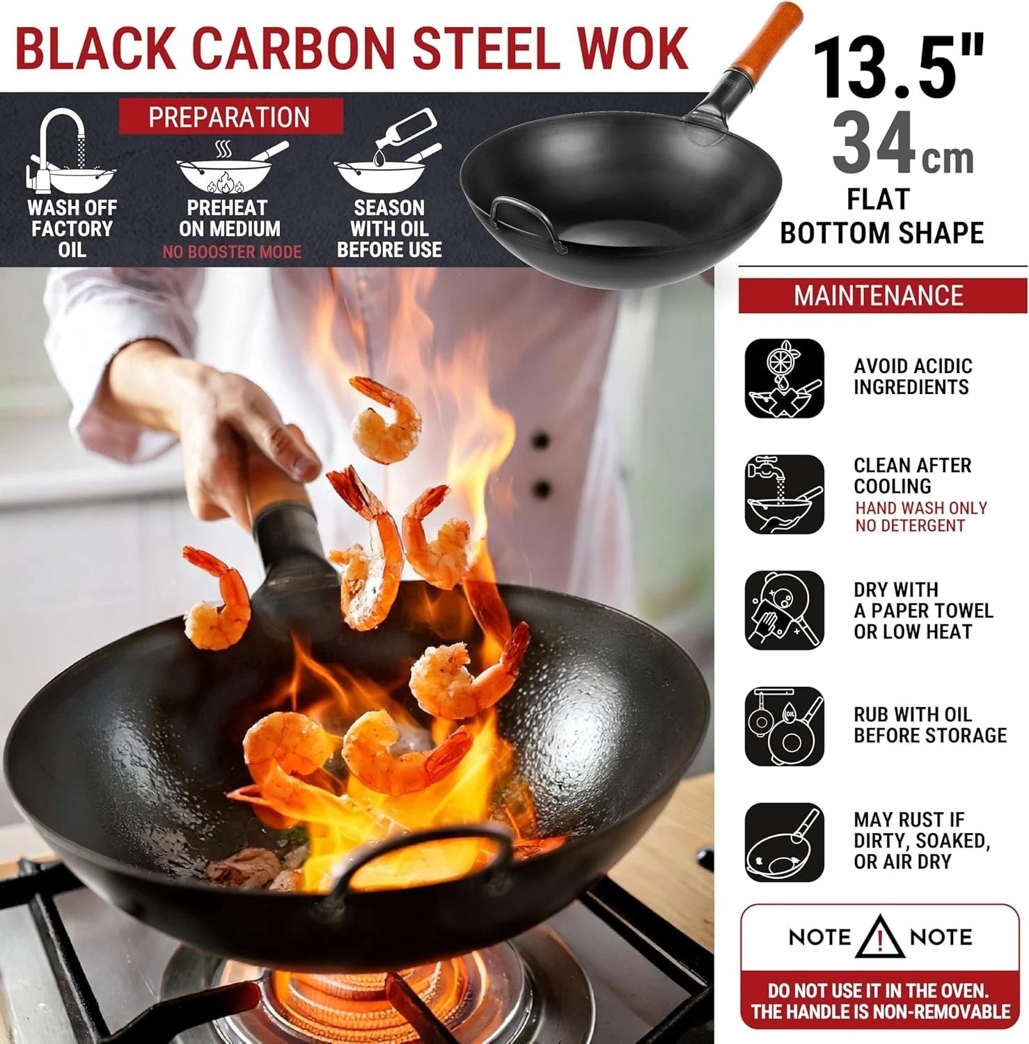 Ultimate 13.5″ Carbon Steel Wok – Non-Toxic, Pre-Seasoned for Authentic Flavors