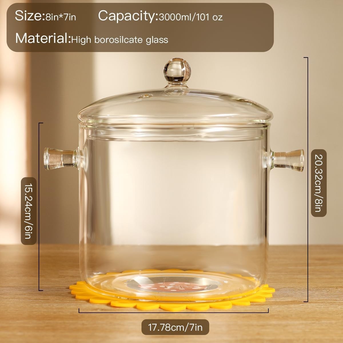 Glass Cooking Pot with Lid Brush and Hot Pads 3L Borosilicate Stovetop Pan