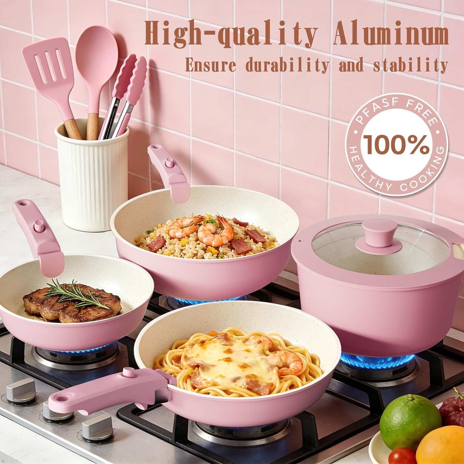 Pots and Pans Set Non Stick, 21 Pcs Ceramic Cookware Set with Detachable Handles