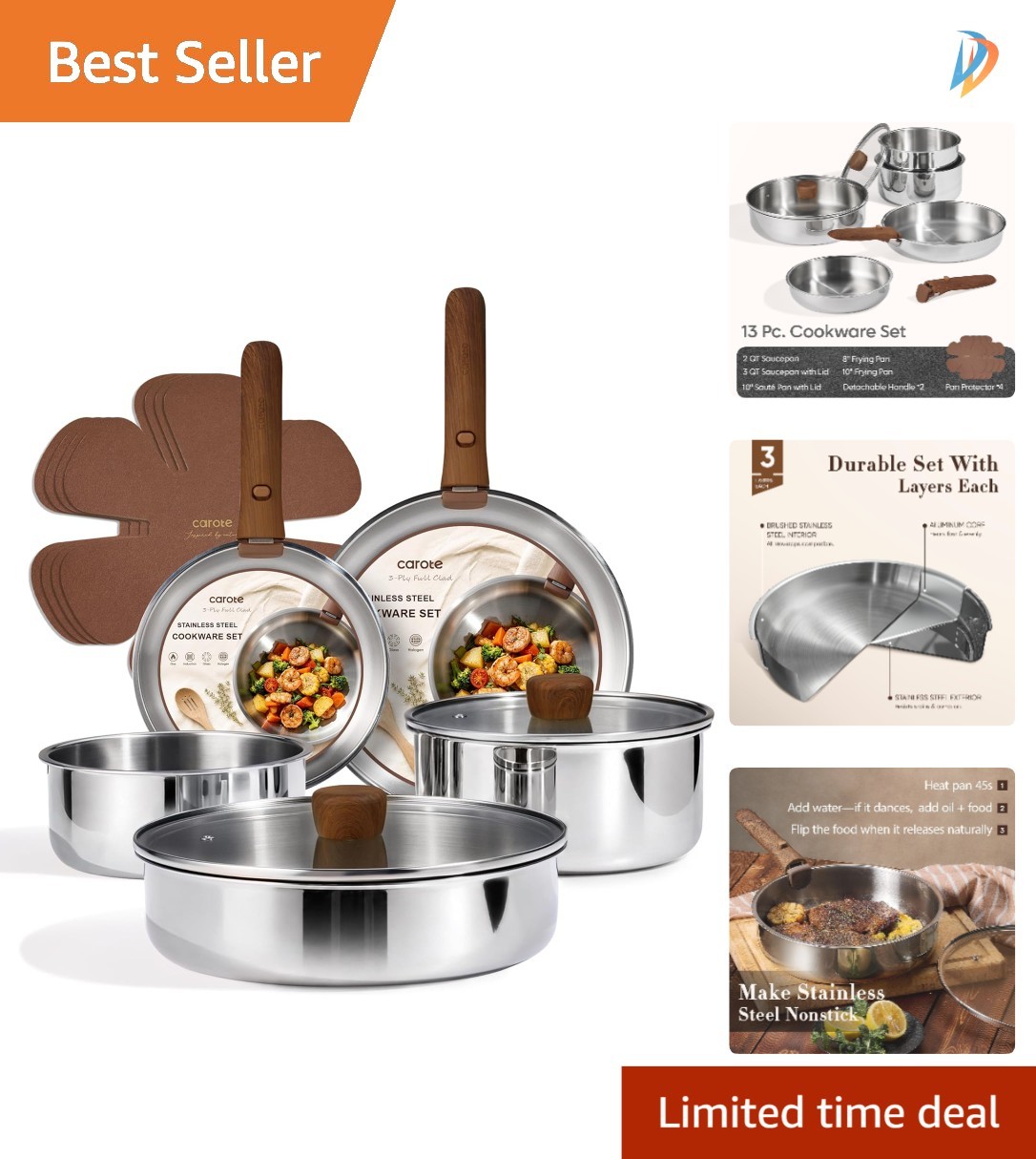 Versatile 13-Pc Tri-Ply Cookware Set with Detachable Handle – RV & Camping Ready