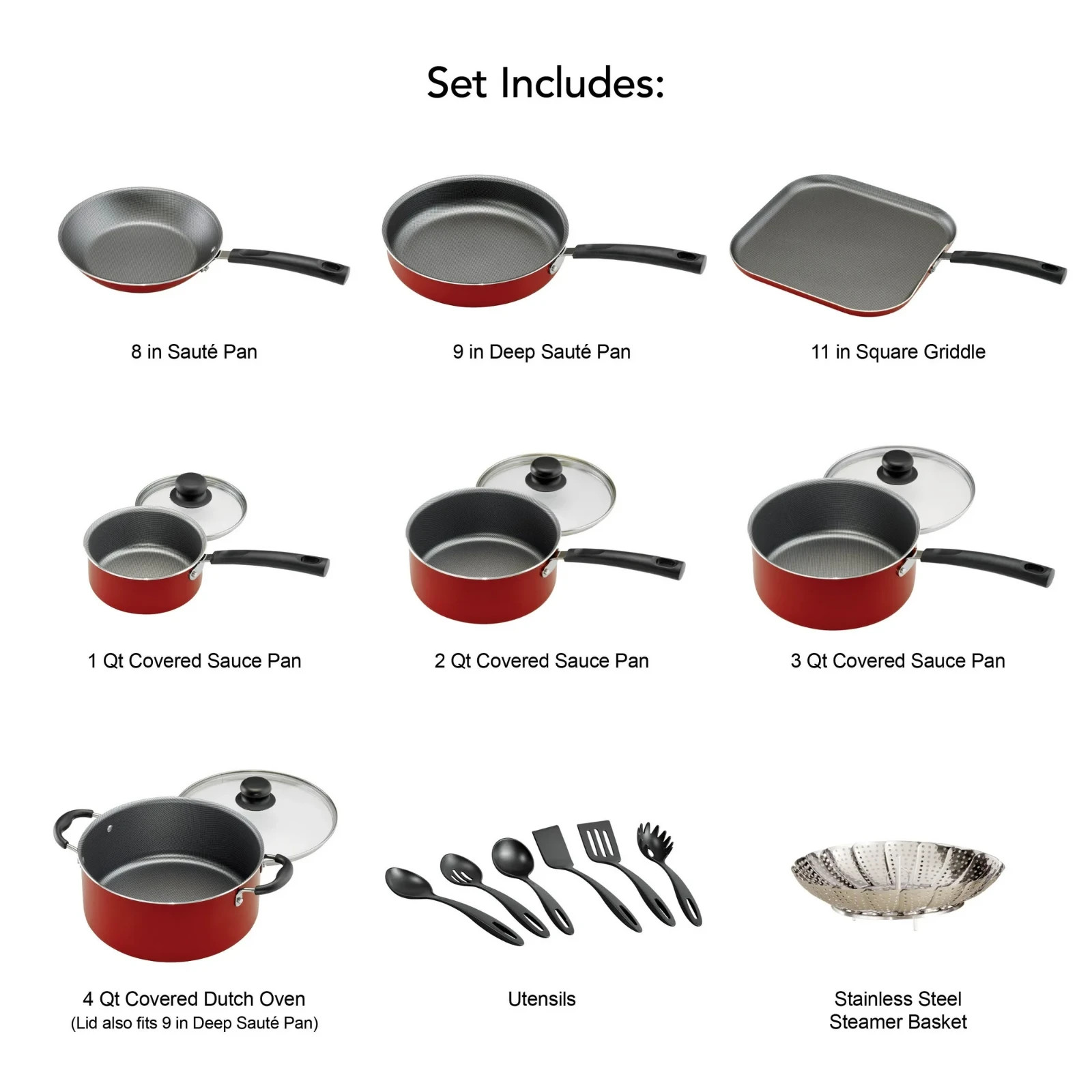 18 Piece Cookware Set Nonstick Pots and Pans Home Kitchen Cooking Non Stick, Red
