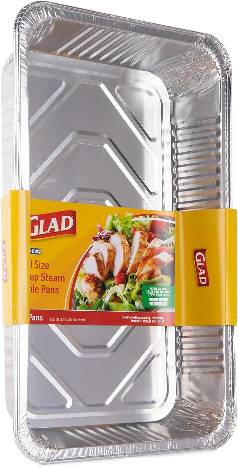 Glad Full Size Aluminum Steam Pans – Heavy Duty Disposable Foil Trays – 2 Count
