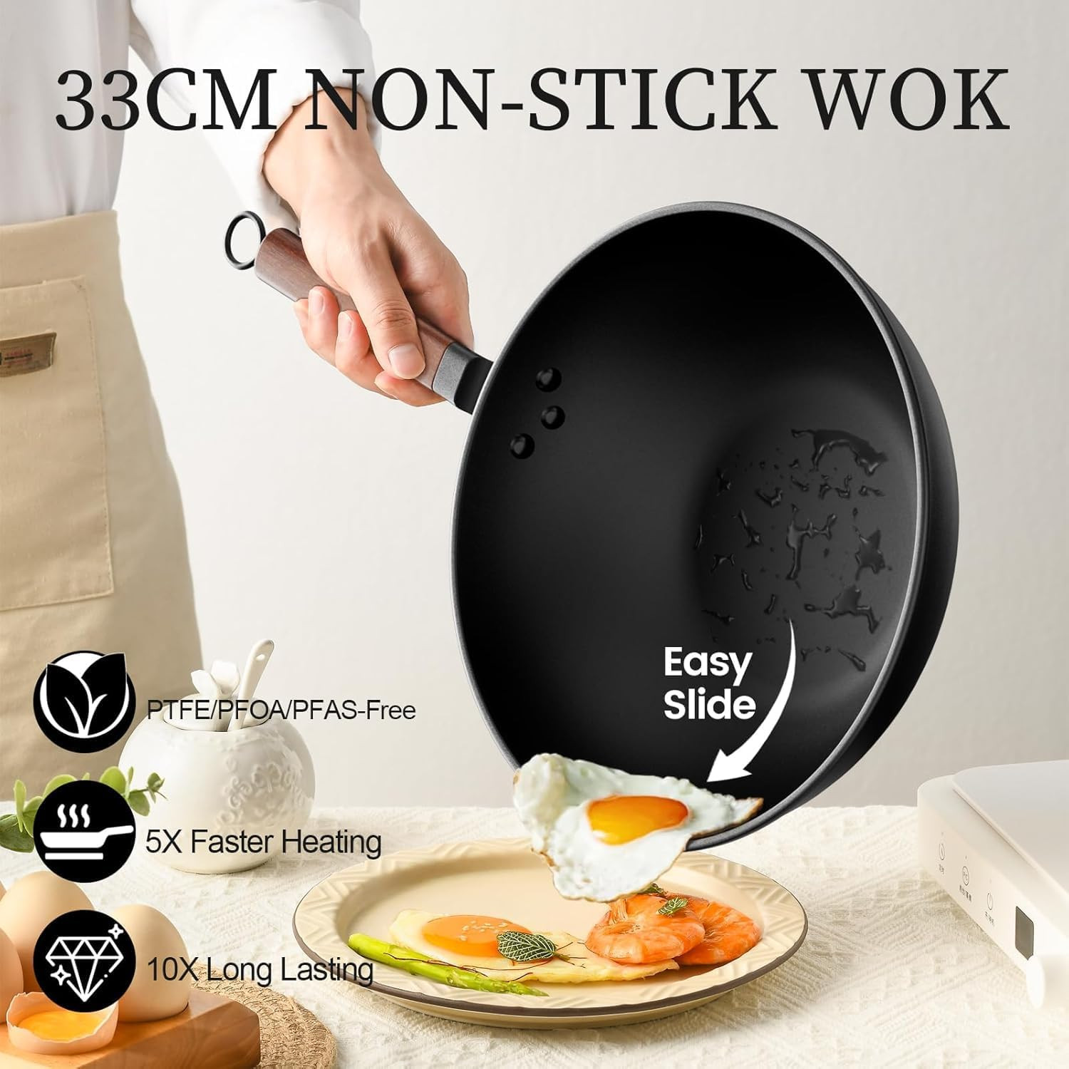 Carbon Steel Wok 13-In Pre-Seasoned Non-Stick Lid Spatula Flat Bottom Ideal