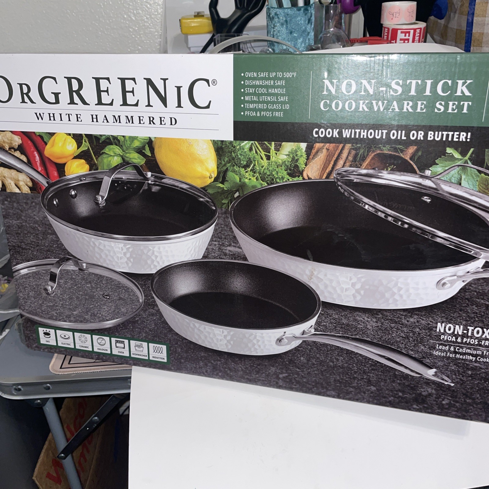 OrGreenic Hammered White Pearl non-stick pans with stay-cool handles