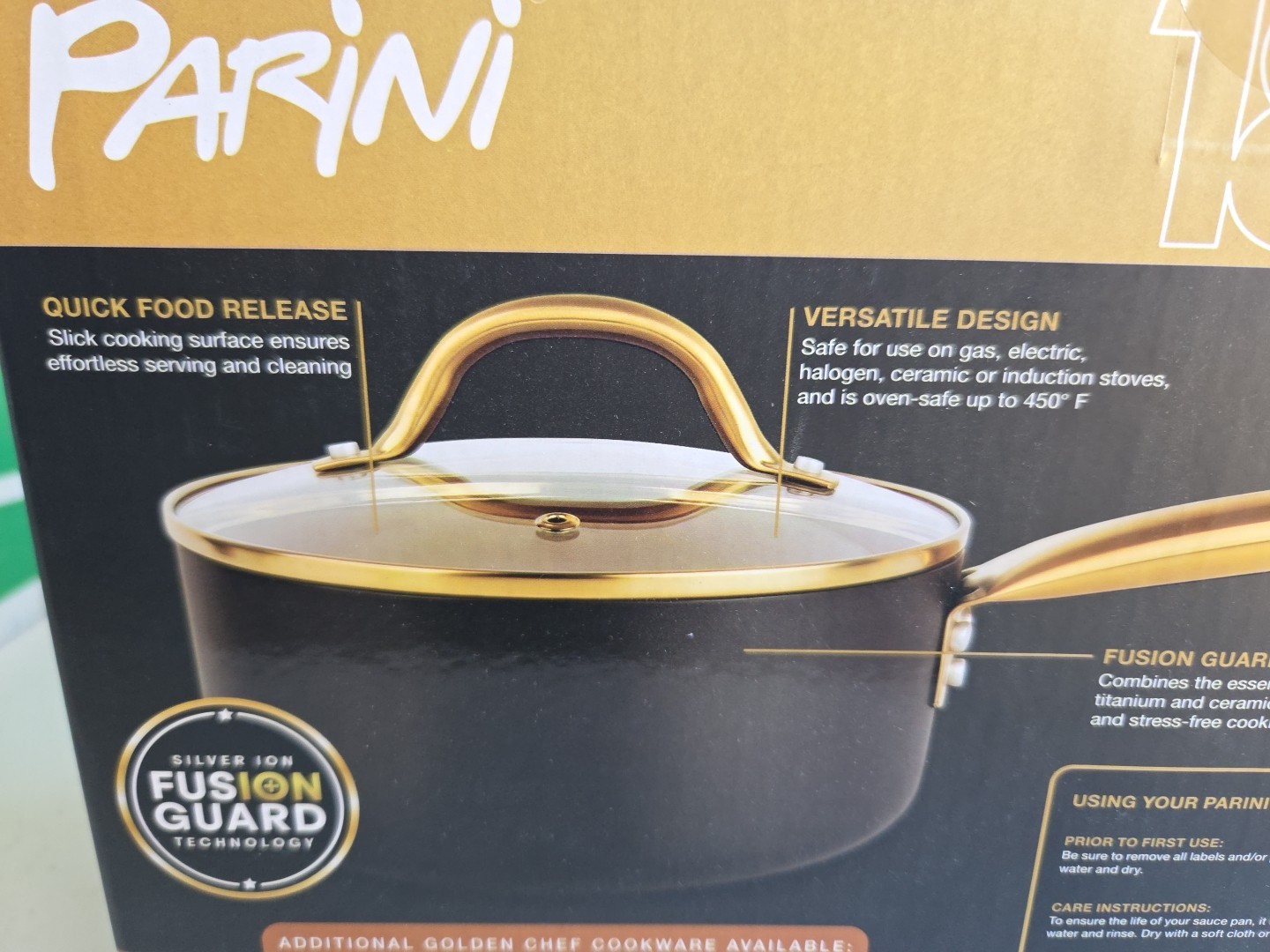 NEW In Box, 18K Parini, 1.5 QT Gold collection sauce Pan w/Tempered Glass Lid.