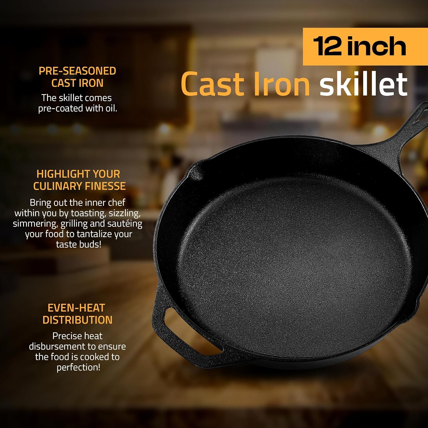 12″ Cast Iron Skillet Chefs Pan – Pre-Seasoned, Even Heat, PFAS-Free, Black