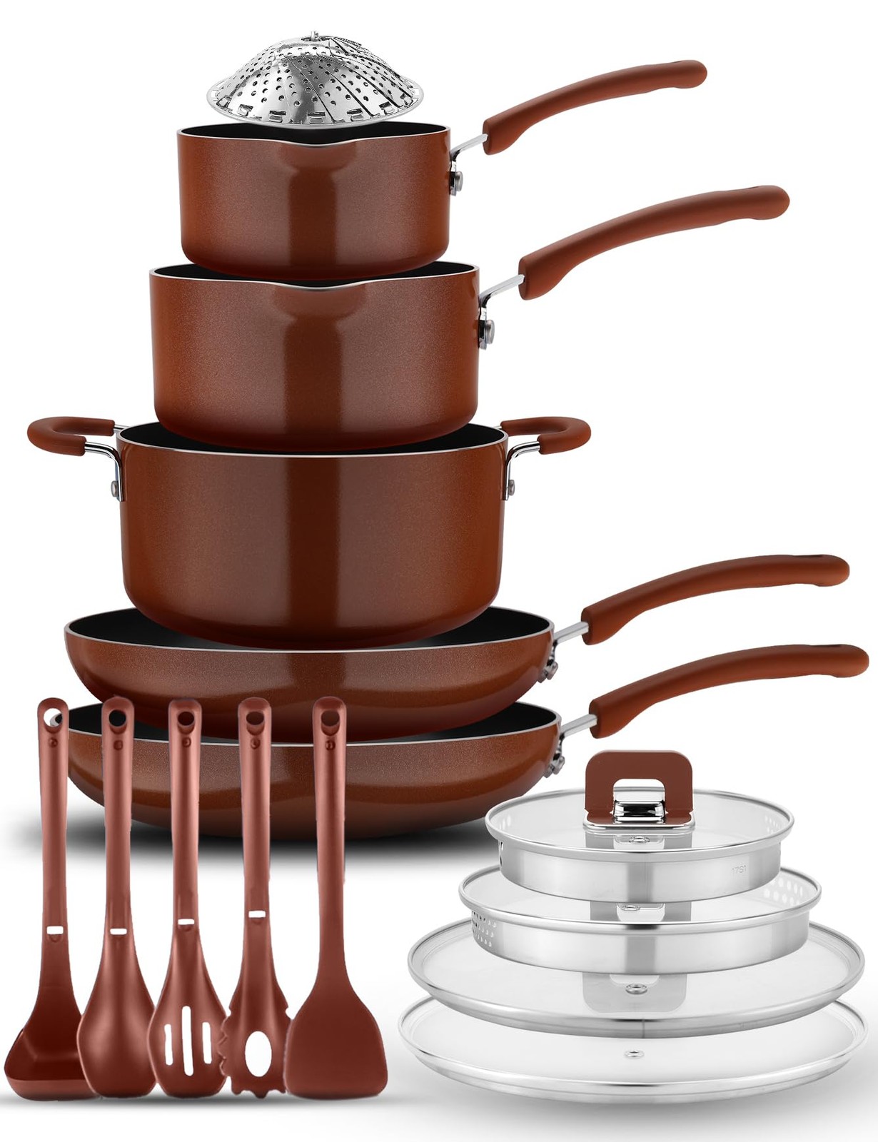 NutriChef Space Saver 17-Piece Nonstick Cookware Set – Brown One Size,