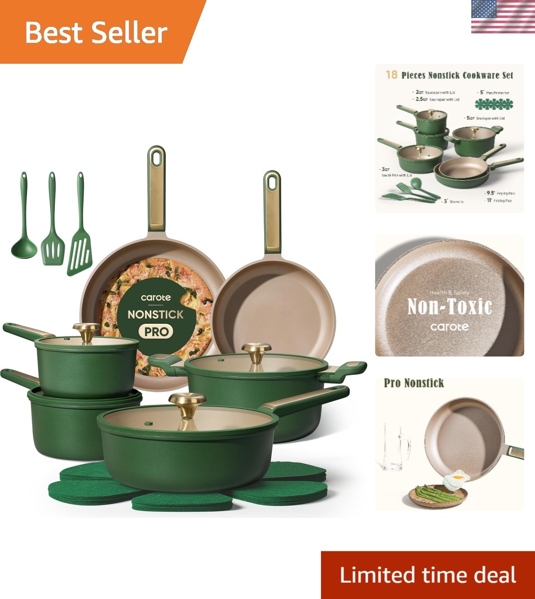 Versatile 18-Piece Green Pots and Pans Set – Dishwasher Safe, Non-Stick Design