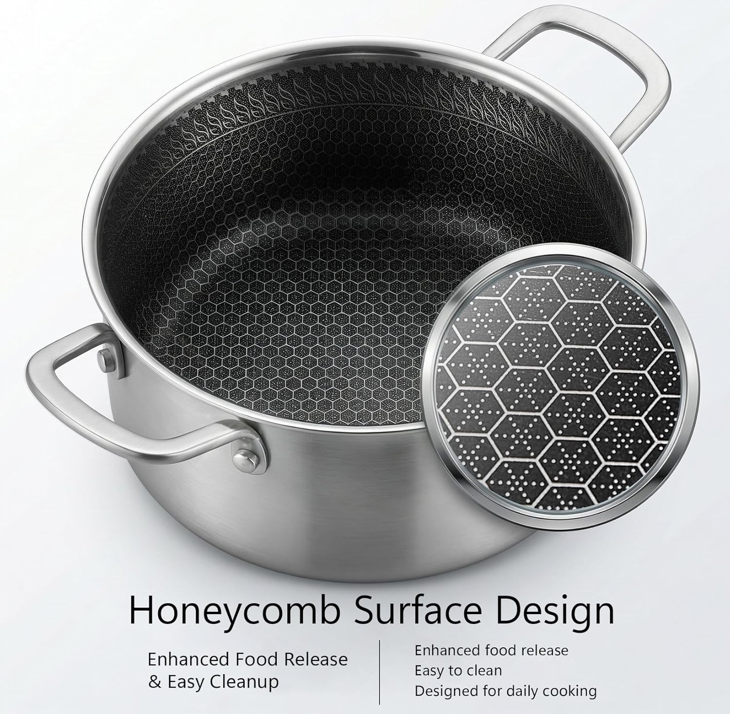 4.6 Qt Stainless Steel Stock Pot W/ Lid 3-Ply 18/10 Hybrid Honeycomb Nonstick