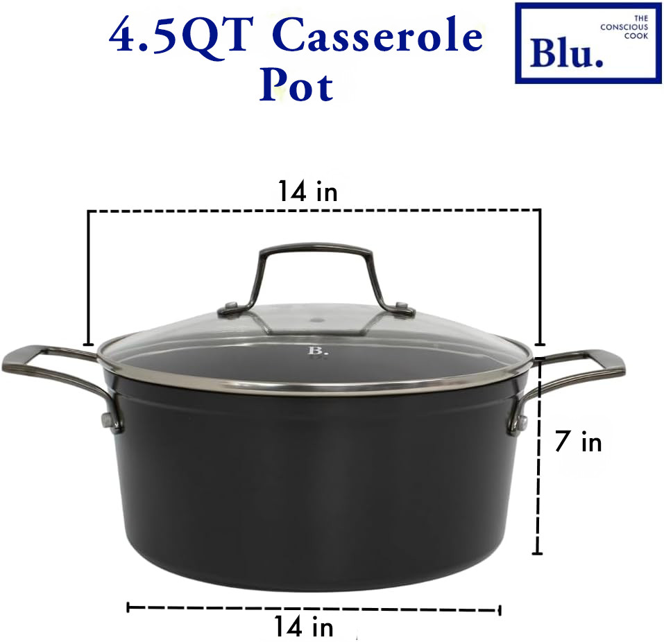 Blu. Cookware 4.5QT Casserole Pot with Lid, Non-Toxic, Non-Stick Ceramic,