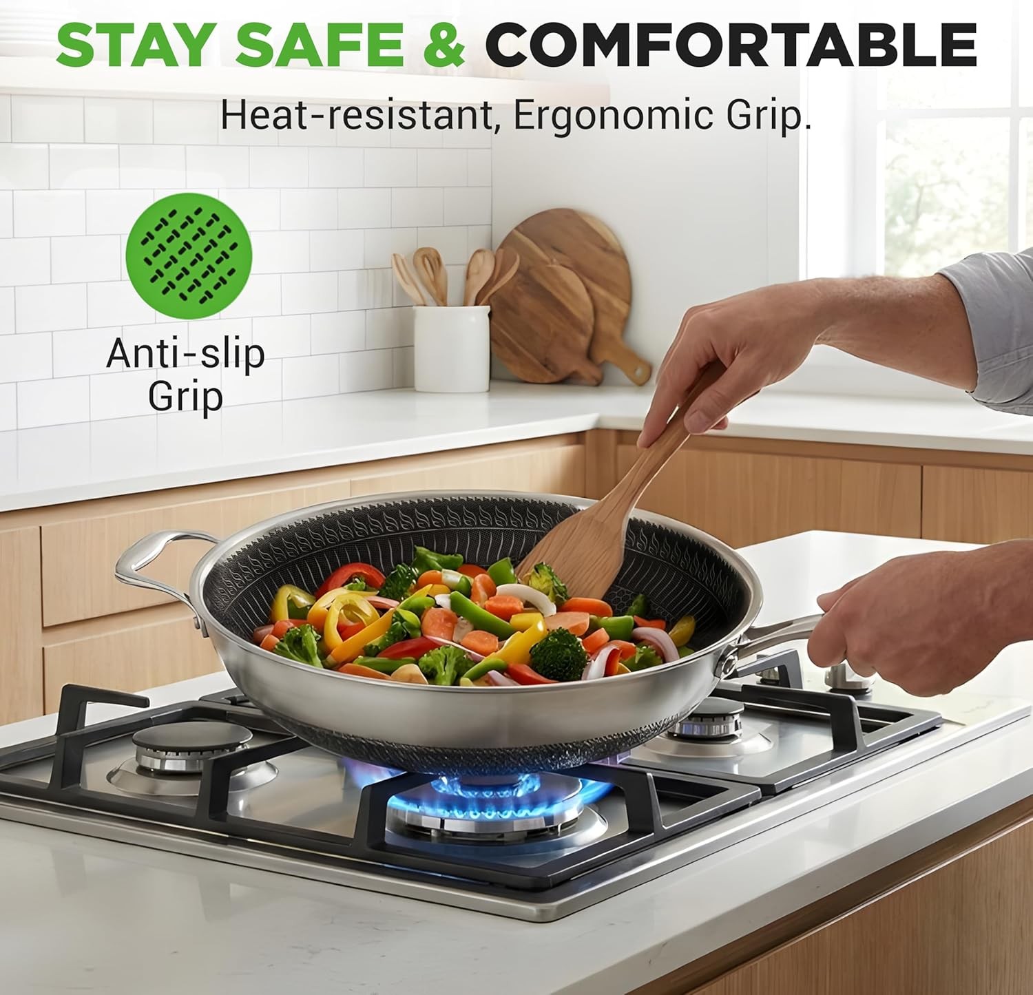 NutriChef 7-Piece Tri-Ply Stainless Steel Frying Pan Set & Wok – Nonstick, Ind