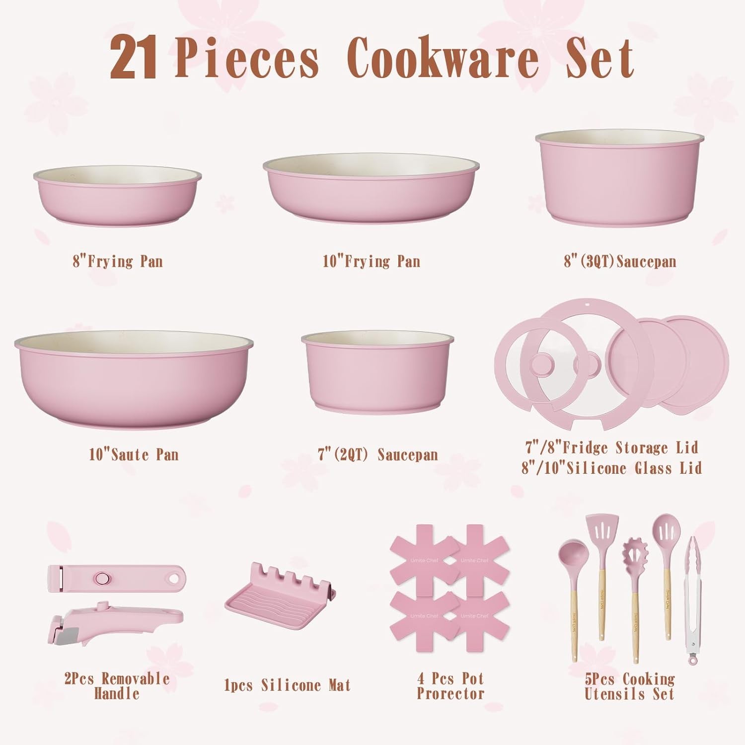 Umite Chef Pots and Pans Set Non Stick, 21 pcs Nonstick Ceramic Cookware Set, RV