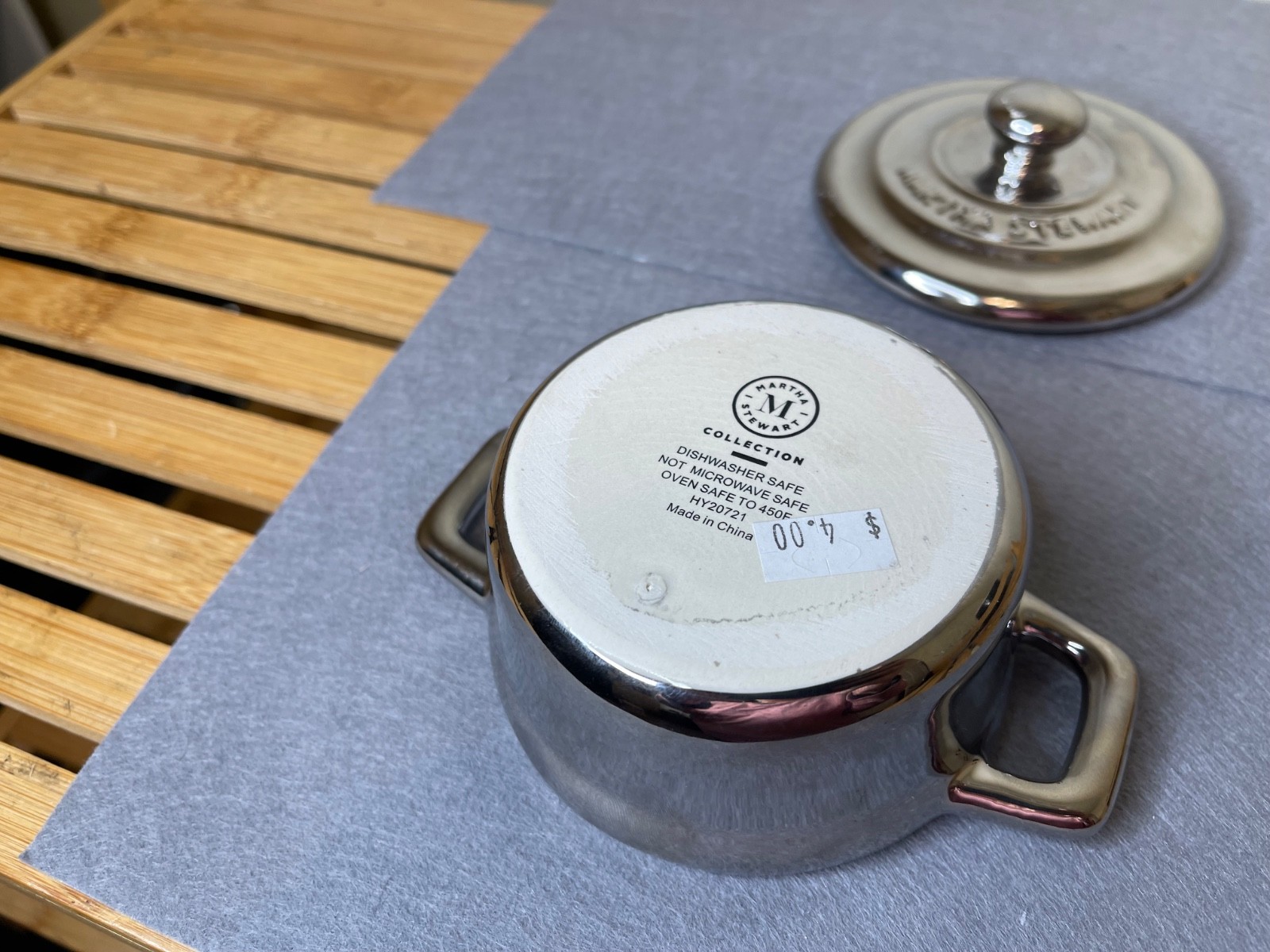 Martha Stewart Silver Mini Ceramic Cocottes Pot w/Lid 12 Oz