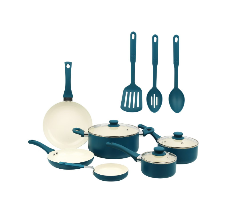 12pc Ceramic Nonstick Cookware Set Aluminum Pots Pans Blue Kitchen