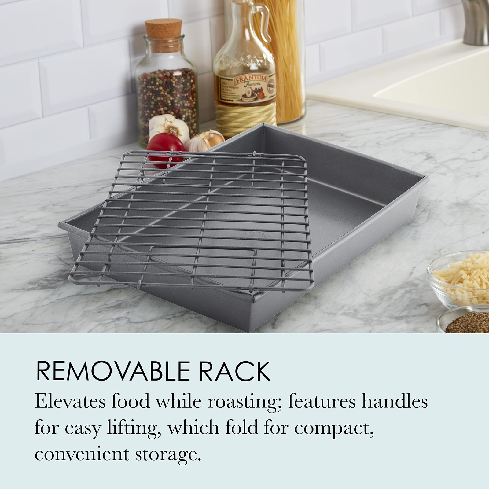 Non-Stick Roast, Broil Pan, Rack, 13×9 Inch, Dark Gray, Steel Bakeware