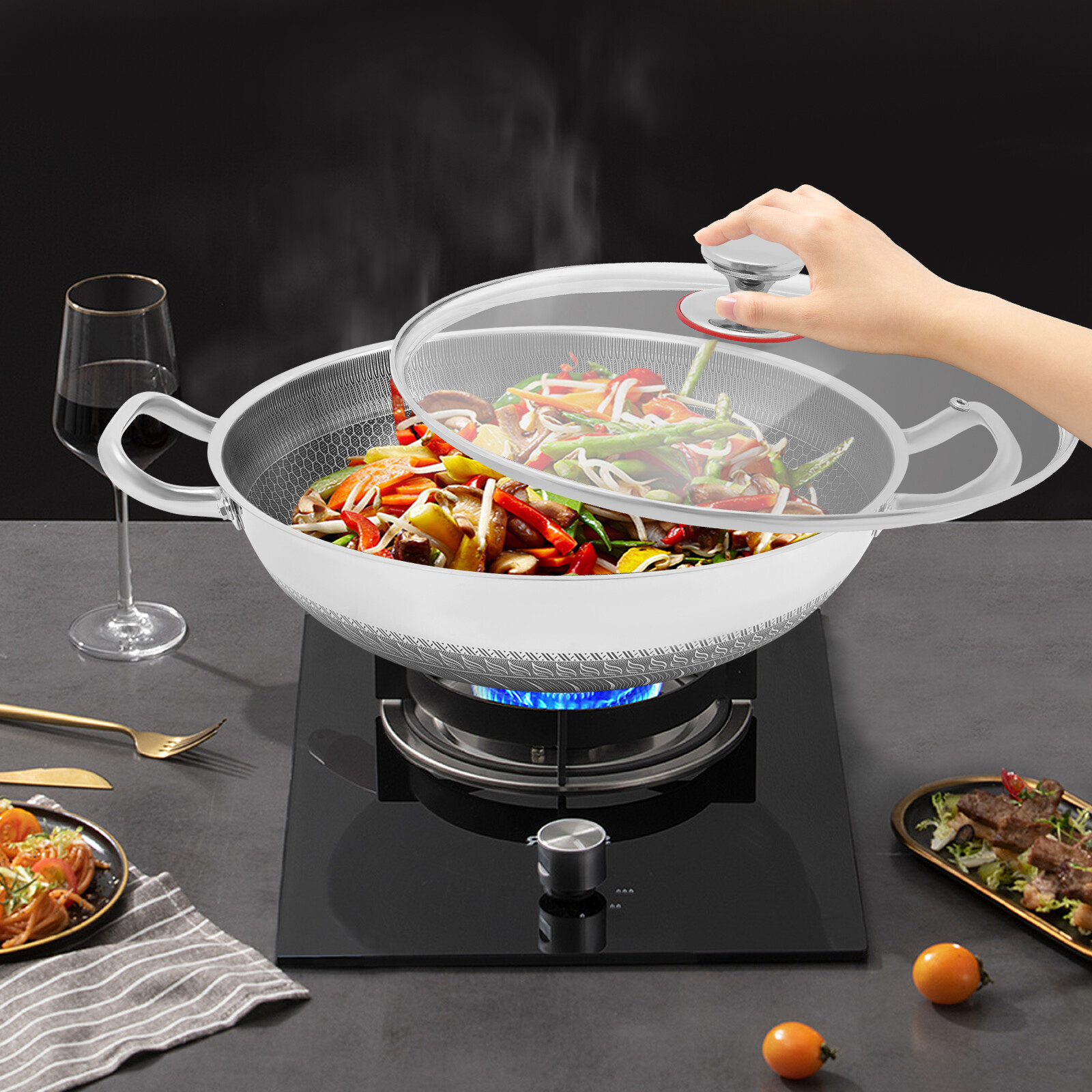 Skillet With Lid 13.19” Non Stick Paella Pan Stainless Steel Frying/Cooking Pan