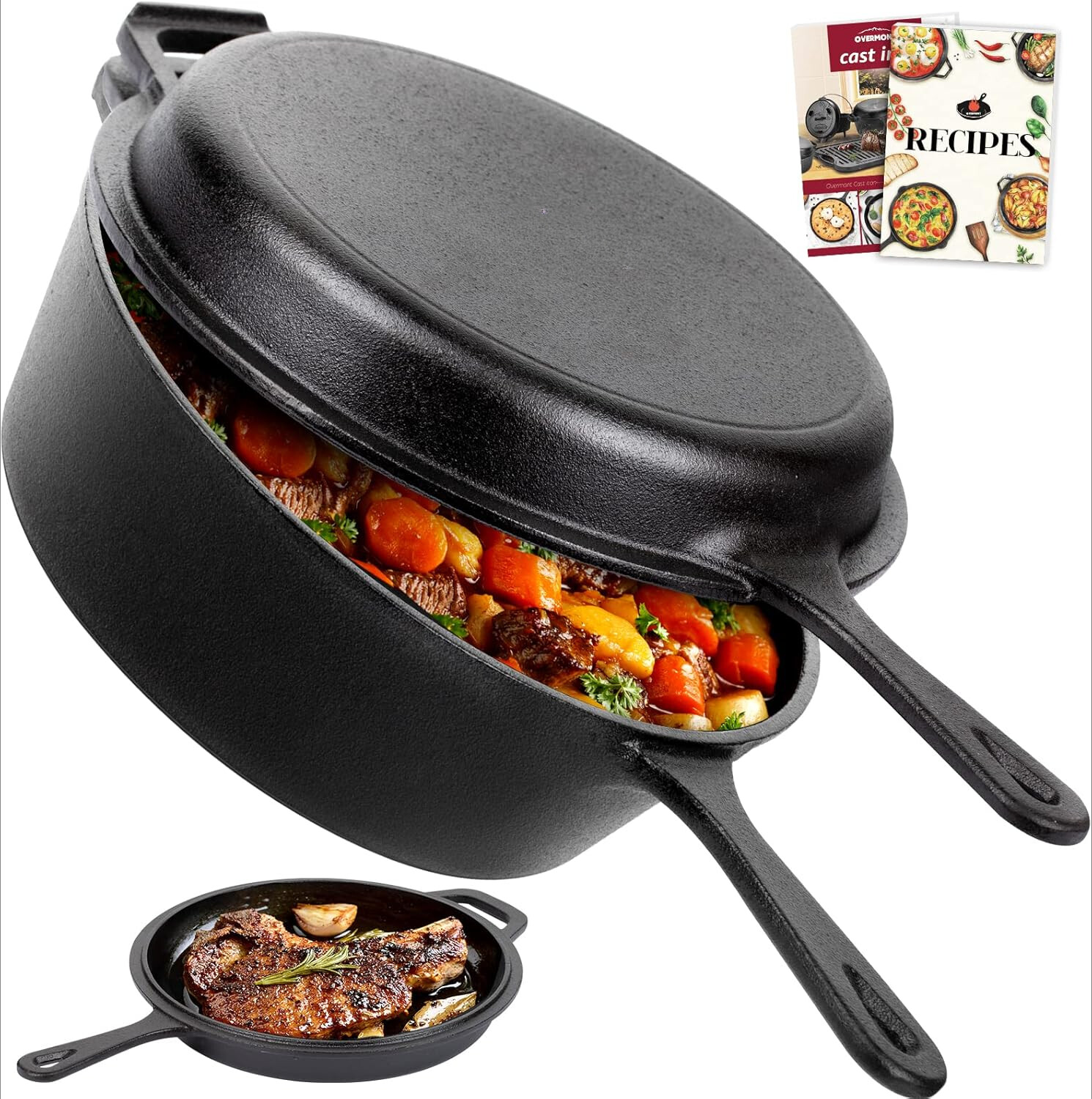 Cast Iron Dutch Oven with Dual Purpose Lid for Oven (3.2-Quart Pot, 10.5-Inch)