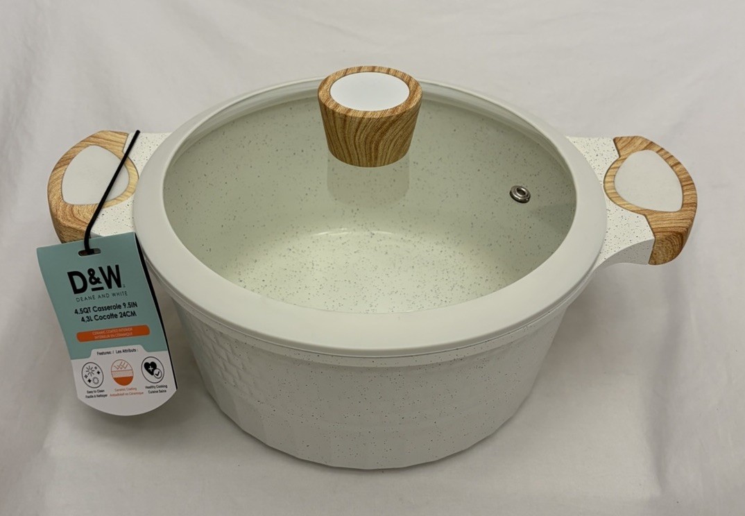 D&W Deane & White 4.5qt Casserole W/Lid Shiny White/Wooden Handles Non-Stick NWT