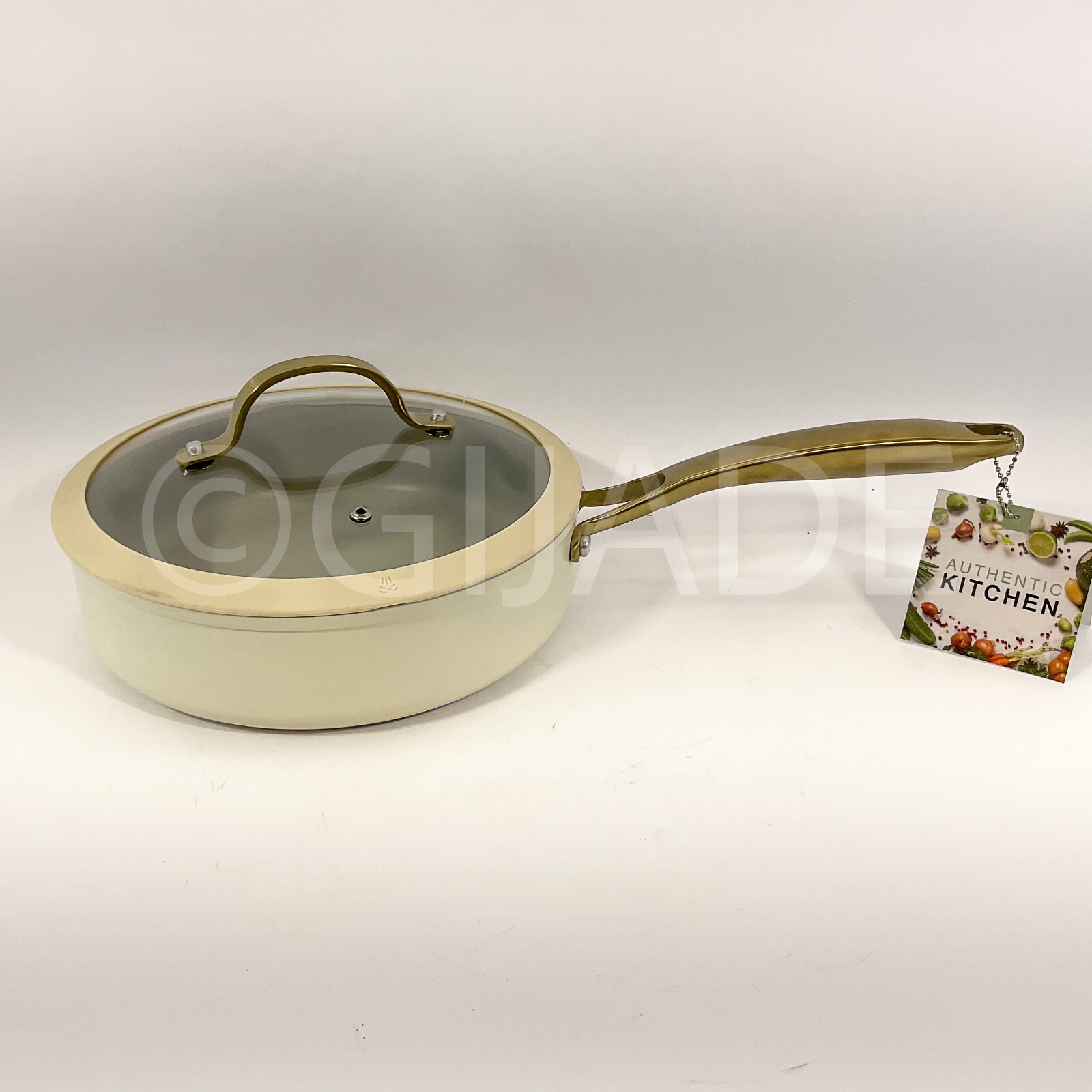 Authentic kitchen 2.7-qt Sauté Pan Frying NonStick Ceramic Ivory & Gold Trim New