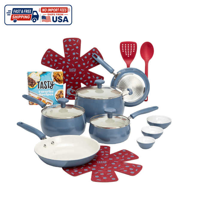 Tasty Clean Ceramic 16 Piece Non-Stick Aluminum Cookware Set, Slate Blue
