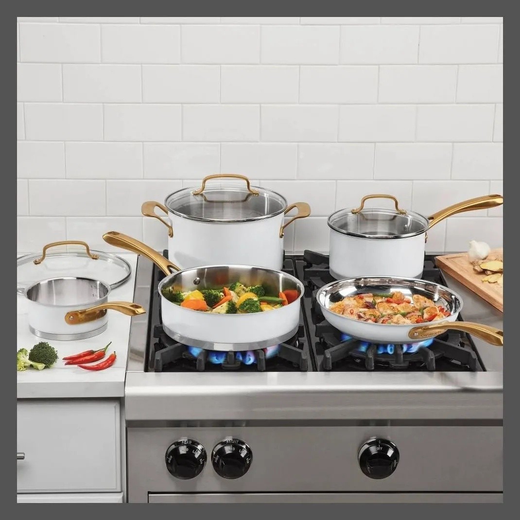 Cuisinart Stainless Steel Skillet 500F 1.9QT Matte White 10″ Gold Cookware