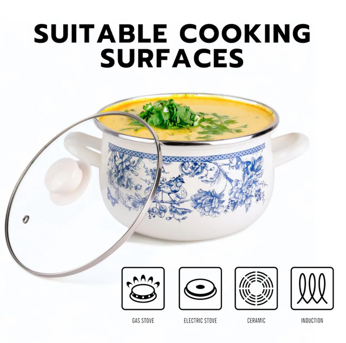 3 Pc Enamel Stock Pot Set with Glass Lids Induction Cookware Blue White